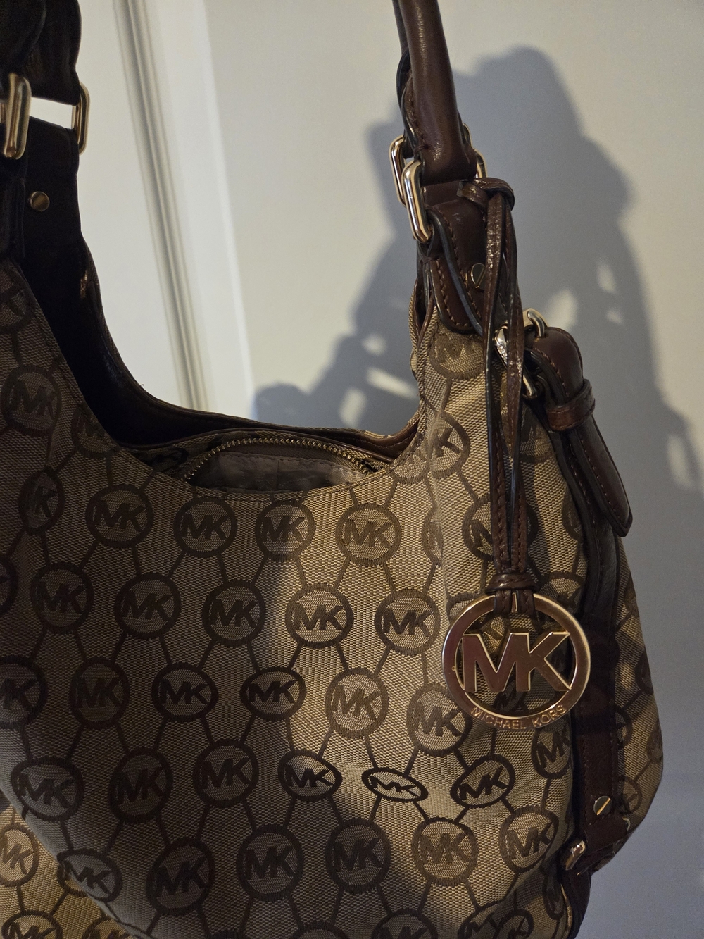 Michael Kors Brown Logo Shoulder Bag with Gold Hardware